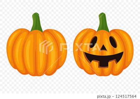 Vector Cartoon Pumpkins Collection with Carved Faces. Flat Colorful Pumpkin Stickers Set. Design Templates for Halloween, Fall, Harvest. Cute and Fun Simple Pumpkin Illustrations 124517564