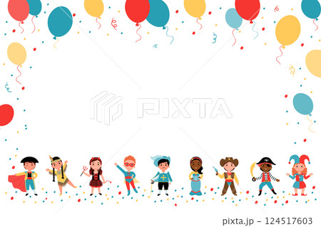 Festive background with a place for text from children in carnival costumes, colorful balloons and streamers. Mermaid, musketeer, pirate, cowboy, devil, harlequin, matador, superman, Indian. Festive background with a place for text from children in carnival costumes, colorful balloons and streamers. Mermaid, musketeer, pirate, cowboy, devil, harlequin, matador, superman, Indian. 124517603