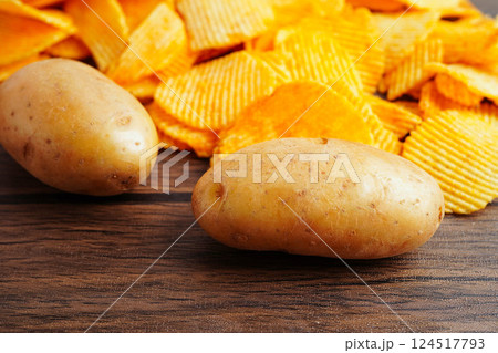 Potato chips , delicious BBQ seasoning spicy for crips, thin slice deep fried snack fast food. Potato chips , delicious BBQ seasoning spicy for crips, thin slice deep fried snack fast food. 124517793