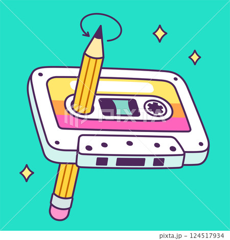 Cartoon retro cassette tape with pencil 124517934