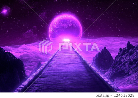 A long, glowing bridge connecting two planets, stretching across the vastness of space A long, glowing bridge connecting two planets, stretching across the vastness of space 124518029