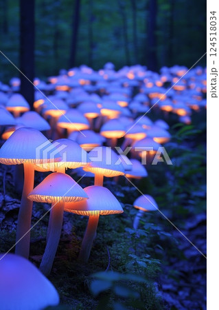 A magical forest filled with giant luminescent mushrooms emitting a glow in the twilight 124518034