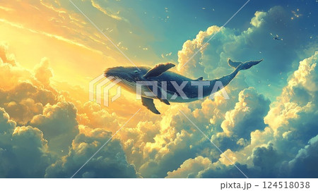 A whale floats across the sky surrounded by soft clouds and golden sunlight A whale floats across the sky surrounded by soft clouds and golden sunlight 124518038