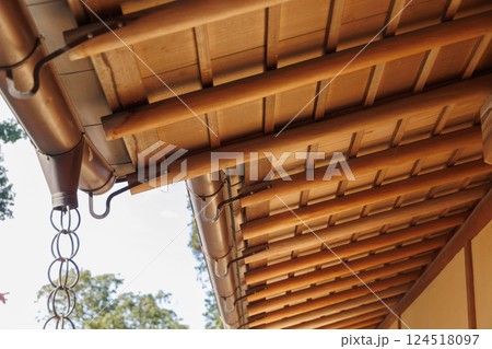 Japanese style bamboo wooden weave ceiling roof eaves, rain gutter traditional architecture design 124518097