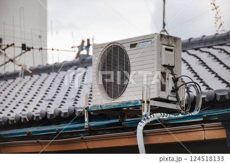 Outdoor unit air compressor, Air Conditioner old aged grunge weathered heat exchanger air ventilator 124518133