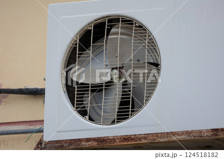 Outdoor unit air compressor, Air Conditioner old aged grunge weathered heat exchanger air ventilator 124518182
