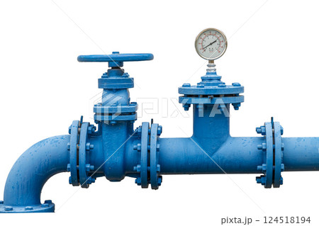 Heavy industry water pipe connector with gate valve pipeline and pressure gauges isolated on white 124518194