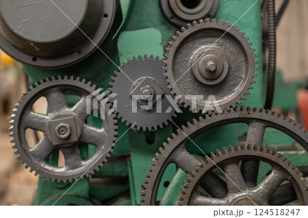 Closeup Gear part, Old grunge metal cog wheel in machine, Heavy industry machinery mechanical. 124518247
