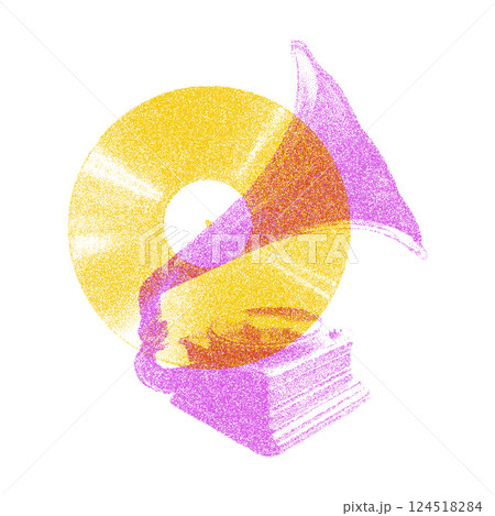 Risograph Print with Photocopy Effect Featuring a Vintage Gramophone and Music Record in Retro Aesthetic 124518284