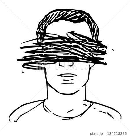 Expressive Black and White Line Art Illustration of a Man with Eyes Scribbled Out, Symbolizing Mental Health Struggles Expressive Black and White Line Art Illustration of a Man with Eyes Scribbled Out, Symbolizing Mental Health Struggles 124518286