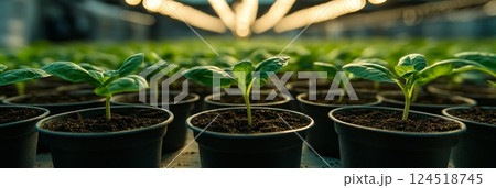 Rows of vibrant green sprouts thriving under LED grow lights. Aeroponic and hydroponic systems offer sustainable indoor farming solutions. 124518745