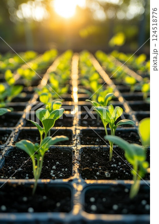 Young sprouts growing in rows under sunlight in an aeroponic system. A perfect depiction of eco-friendly and efficient agriculture. 124518776