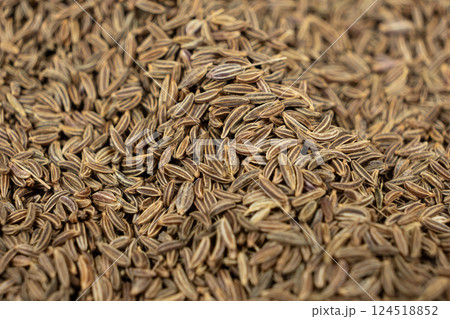 Whole cumin seeds Carum carvi L. macro 124518852