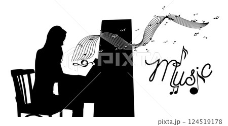 Abstract girl playing piano. Silhouette of a musician Not AI. Vector illustration. Abstract girl playing piano. Silhouette of a musician Not AI. Vector illustration. 124519178