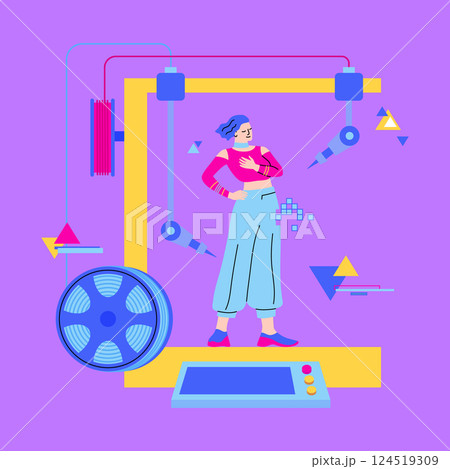 Cartoon Color Character Girl Model and 3d Printed Fashion Clothing Concept Flat Design Style. Vector illustration of Innovation Technology Production Textile 124519309