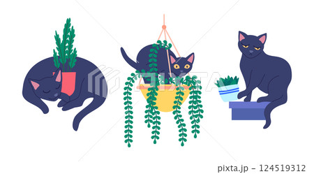 Cartoon Color Characters Cats Potted Plants and Potted Plants Set Cat in Different Poses Concept Flat Design Style. Vector illustration 124519312
