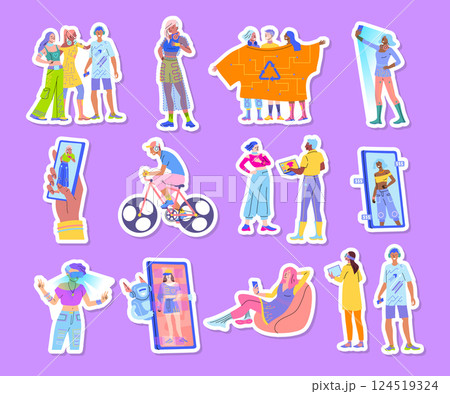 Cartoon Color Characters People Fashion Tech Clothes Concept Stickers Set Flat Design Style. Vector illustration of Innovation Technology Production Textile 124519324