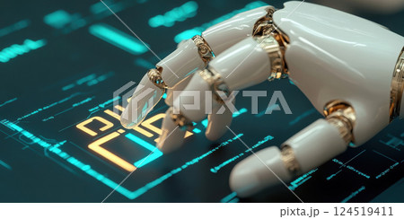 robotic hand interacts with glowing digital interface, symbolizing advanced AI technology 124519411