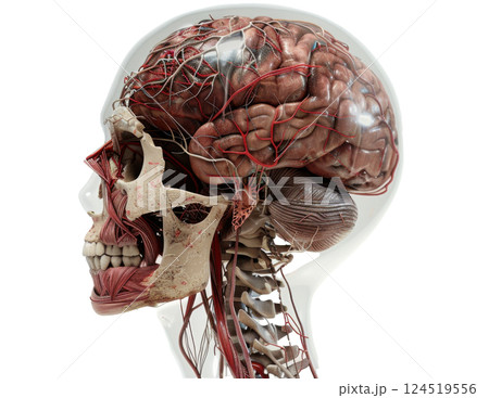 Transparent Skull with Brain and Nervous System 124519556