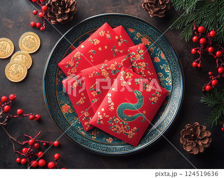 Elegant red envelopes adorned with floral patterns and a snake motif rest on a decorative plate, surrounded by festive gold coins, pinecones, and red berries, embodying Chinese New Year traditions. 124519636