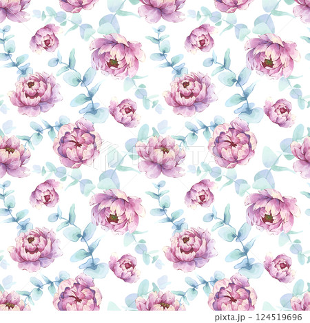 Seamless watercolor peony and eucalyptus pattern on white background Seamless watercolor peony and eucalyptus pattern on white background 124519696