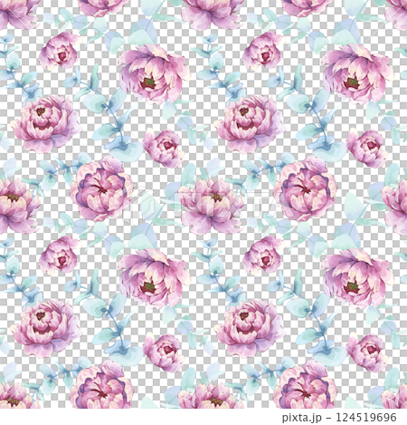 Seamless watercolor peony and eucalyptus pattern on white background Seamless watercolor peony and eucalyptus pattern on white background 124519696