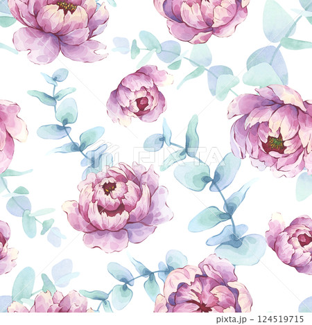 Seamless watercolor peony and eucalyptus pattern on white background Seamless watercolor peony and eucalyptus pattern on white background 124519715