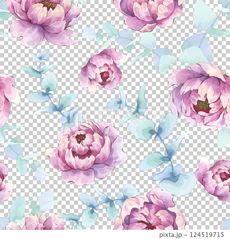 Seamless watercolor peony and eucalyptus pattern on white background 124519715