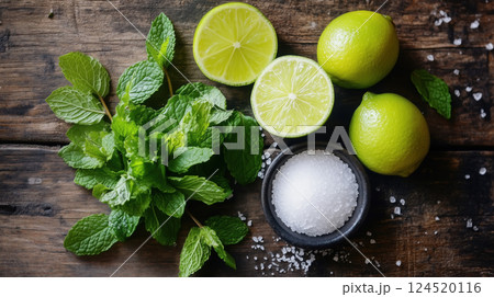 Fresh Mint, Lime, and Sea Salt on Rustic Wooden Table 124520116