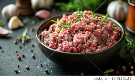 Fresh Ground Beef with Herbs and Spices in Bowl Fresh Ground Beef with Herbs and Spices in Bowl 124520128