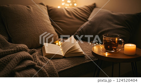 Cozy reading nook with cushions, book, fairy lights, and tea on wooden side table 124520404