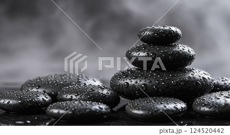 Wet black spa stones stacked in zen arrangement on dark background Wet black spa stones stacked in zen arrangement on dark background 124520442