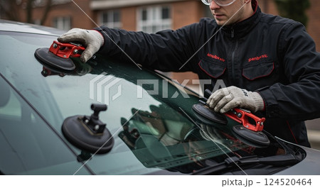 Man installing car windshield using suction cups at auto repair shop 124520464