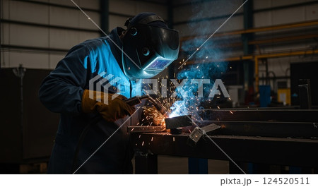 Welder repairing metal structure with sparks in dark industrial workshop setting Welder repairing metal structure with sparks in dark industrial workshop setting 124520511