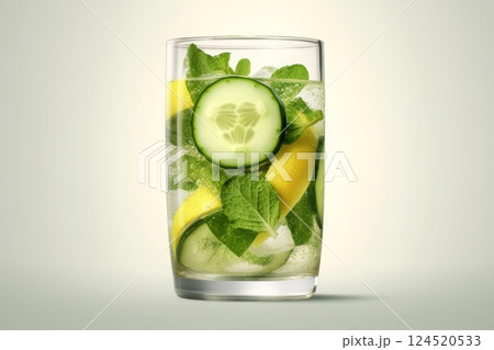 Fresh cool detox water drink with cucumber and lemon. glass of Lemonade with basil and mint leaves. Concept of proper nutrition and healthy eating. Generated AI 124520533