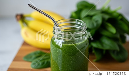 Green smoothie with bananas and greens on kitchen counter close-up Green smoothie with bananas and greens on kitchen counter close-up 124520538