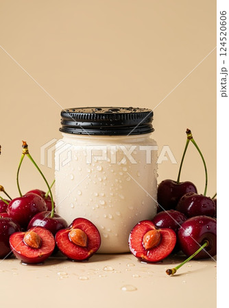 Cream jar with black lid on fresh cherries with water drops and exposed pulp 124520606