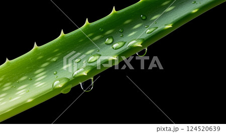 Macro shot of freshly cut aloe leaf with dripping juice 124520639