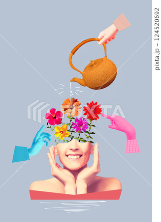Mental health awareness concept. Happy female head with flowers inside. Mindfulness, positive thinking, self care idea. 124520692