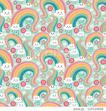 seamless pattern with clouds, rainbows, stars. 124520698