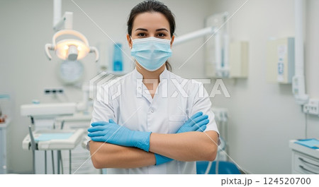 Dentist wearing protective gloves and mask in bright modern clinic with arms folded 124520700