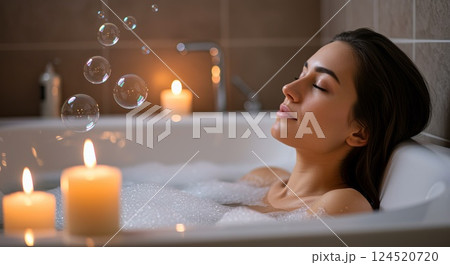 Woman relaxing in bubble bath with candles and closed eyes 124520720