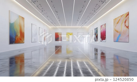 Modern Exhibition Art Gallery With Abstract Paintings Modern Exhibition Art Gallery With Abstract Paintings 124520850