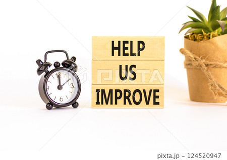 Help us improve symbol. Concept words Help us improve on beautiful wooden blocks. Beautiful white background. Black alarm clock. Business motivational help us improve concept. Copy space. 124520947