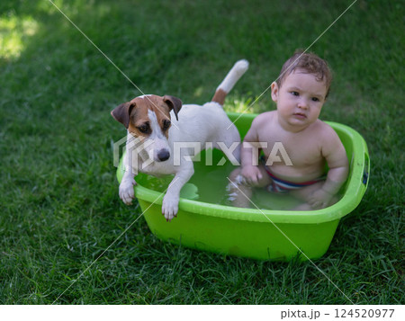 Cute boy bathes in a basin with a Jack Russell terrier dog outdoors in the summer. Cute boy bathes in a basin with a Jack Russell terrier dog outdoors in the summer. 124520977