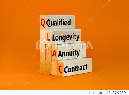 QLAC symbol. Concept word QLAC Qualified Longevity Annuity Contract on beautiful wooden blocks. Beautiful orange background. Business QLAC Qualified Longevity Annuity Contract concept. Copy space. QLAC symbol. Concept word QLAC Qualified Longevity Annuity Contract on beautiful wooden blocks. Beautiful orange background. Business QLAC Qualified Longevity Annuity Contract concept. Copy space. 124520989