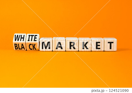 Black or white market symbol. Concept words Black market or White market on beautiful wooden blocks. Beautiful orange table orange background. Business black or white market concept. Copy space. Black or white market symbol. Concept words Black market or White market on beautiful wooden blocks. Beautiful orange table orange background. Business black or white market concept. Copy space. 124521090