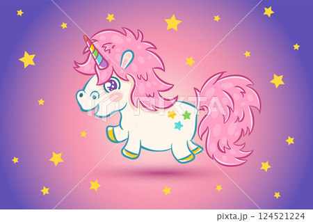 Vector illustration of a cute unicorn with abstract background in kawaii style. Cute unicorn with stars Vector illustration of a cute unicorn with abstract background in kawaii style. Cute unicorn with stars 124521224