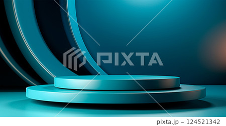 Empty podium pedestal, blue background stand for product, goods. Shelf with product advertising - AI generated image Empty podium pedestal, blue background stand for product, goods. Shelf with product advertising - AI generated image 124521342