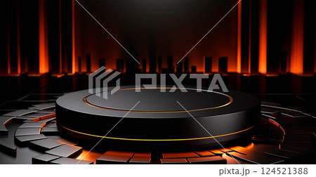 Empty podium pedestal, black background stand for product, goods. Shelf with product advertising - AI generated image 124521388
